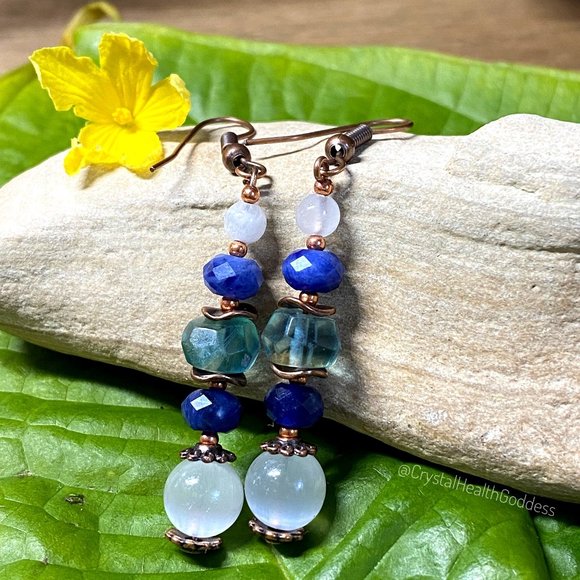 Selenite Blue Fluorite Sodalite Copper Earrings - Picture 5 of 8